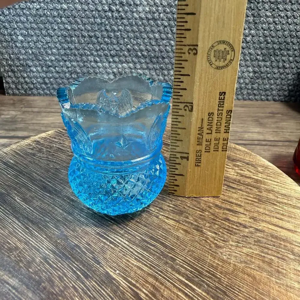 Albert Botson Blue Glass Toothpick Holder Eagles and Stars Pattern GLOWS